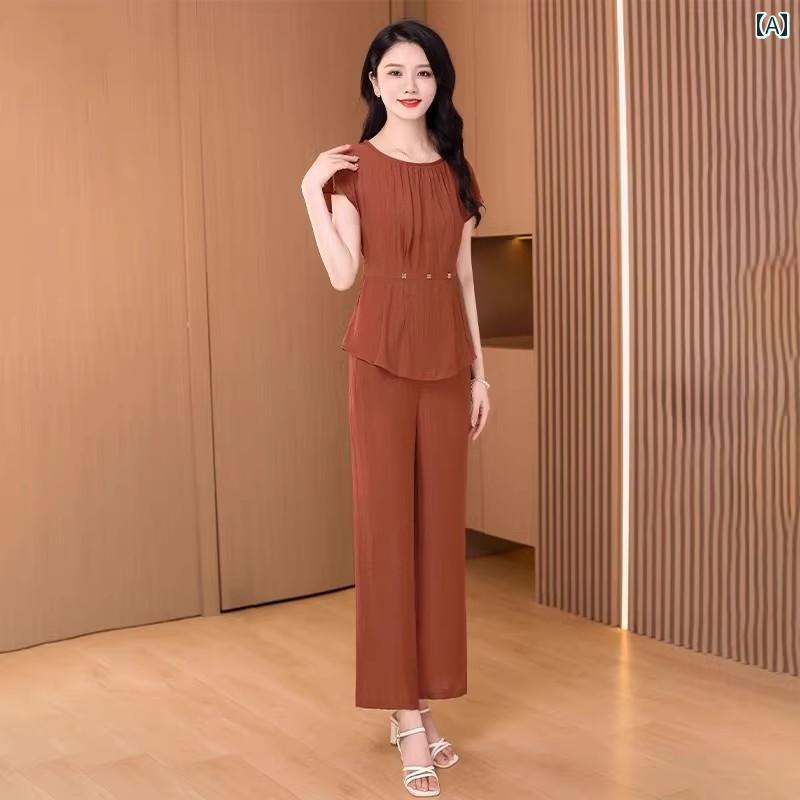 レディース 夏 半袖トップス ロングパンツセット 婦人服 おしゃれ きれいめ カジュアル 韓国 イベント お呼ばれ ビジネス 衣装 ディナー アップ