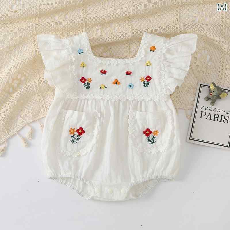 ロンパース ベビー 夏服 ジャンプ スーツ かわいい 赤ちゃん 生後1ヶ月 薄手 綿 女 おしゃれ フェアリー 刺繍 施 100日 プリンセス