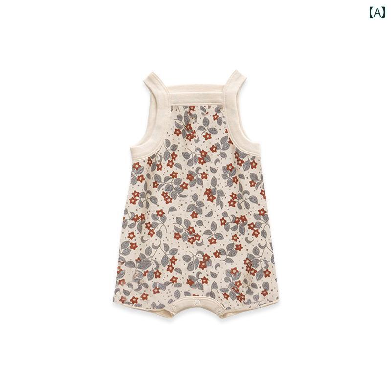 ロンパース ベビー 夏服 ジャンプ スーツ かわいい 赤ちゃん 幼児 薄手 男の子 女の子 花柄 ノースリーブ 小さい スリング 三角形 クロール スーツ
