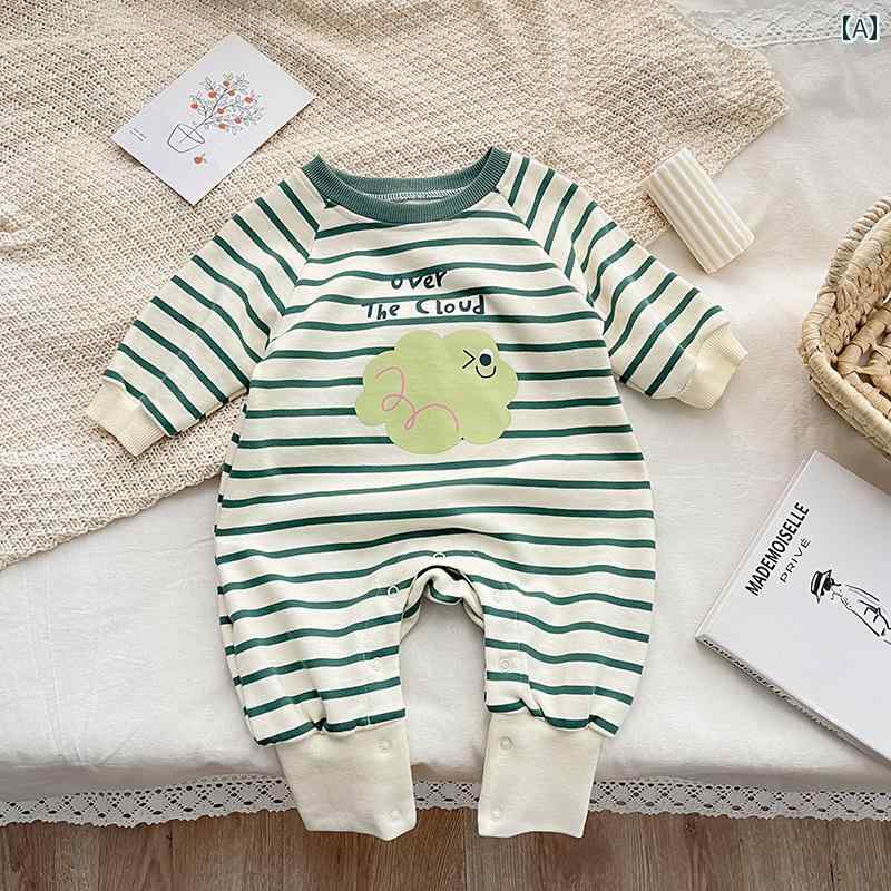 ロンパース ベビー服 カバーオール ジャンプ スーツ 男の子 女の子 秋 新生児用 かわいい 縞模様 かわいい 長袖