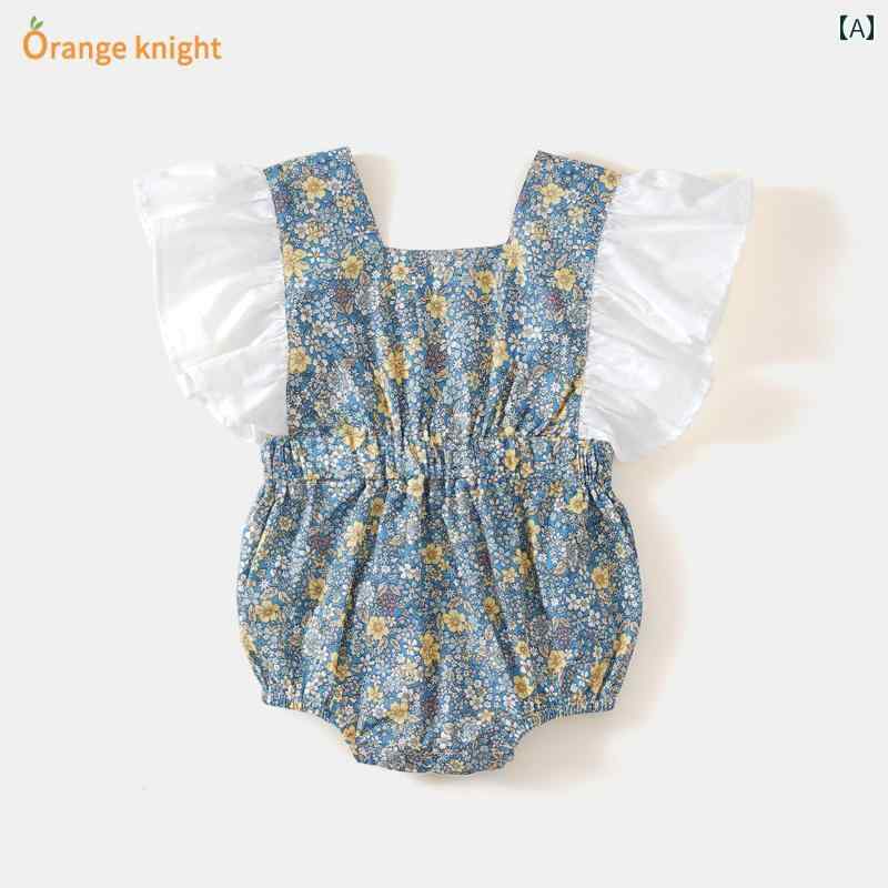 ロンパース ベビー服 ジャンプ スーツ 夏 ノースリーブ 三角 ハーネス 女児 赤ちゃん 背中 開いた 薄手 プリンセス スタイル小 花 かわいい 服