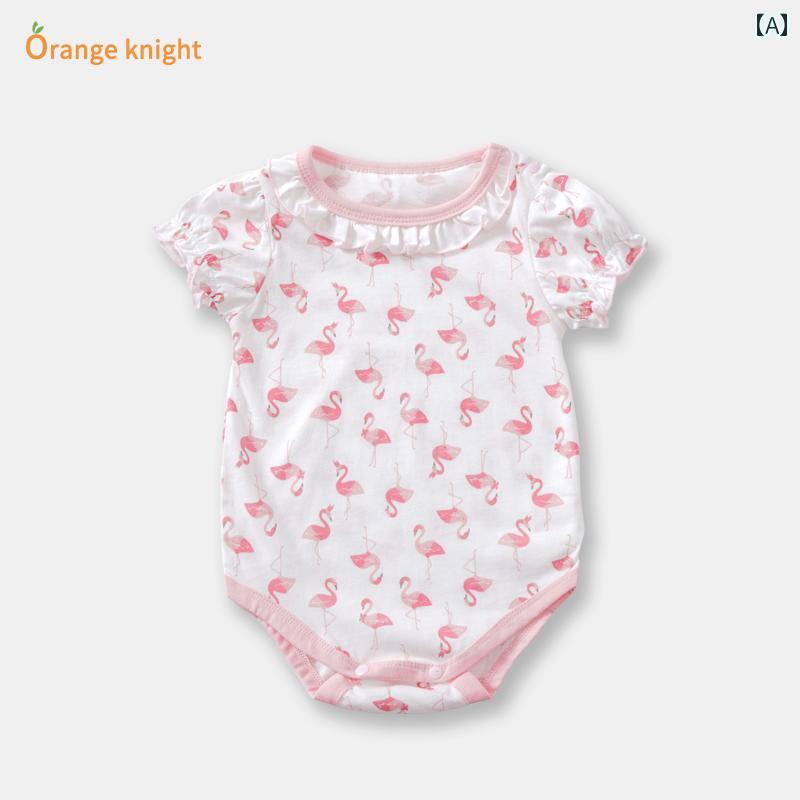 ロンパース ベビー服 ジャンプ スーツ 新生児 カバー オール 薄手 かわいい 開閉 可能 股 プリント 三角形 女児 赤ちゃん 外出着