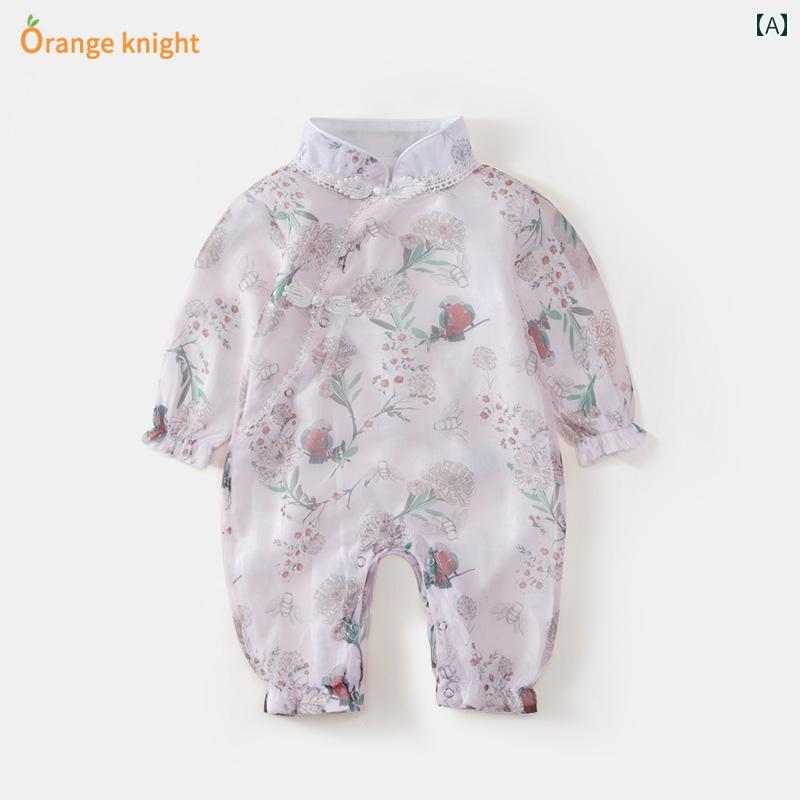 ロンパース ベビー服 カバーオール ジャンプ スーツ 春服 新生児 女の子 中華風 レース プリンセス 長袖 100日 生後1ヶ月 服