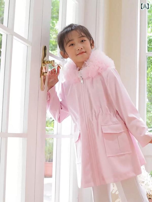 ジャケット キッズ ファッション 子供服 女の子 春 ウインドブレーカー オーバーオール プリンセス レース ミドル丈 フード付き パーカー ピンク ブリ ティッシュ スタイル｜セキュアデポ