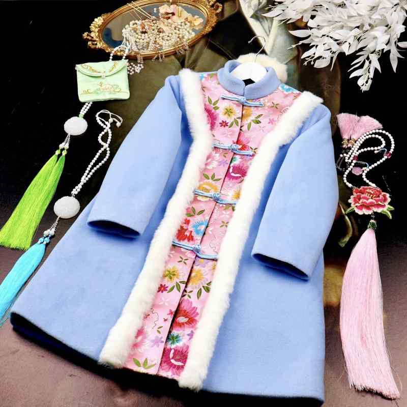 コート キッズ ファッション 子供服 女の子 秋冬 ウール 厚手 キルティング 中華風 レトロ 刺繍 綿 挨拶 服