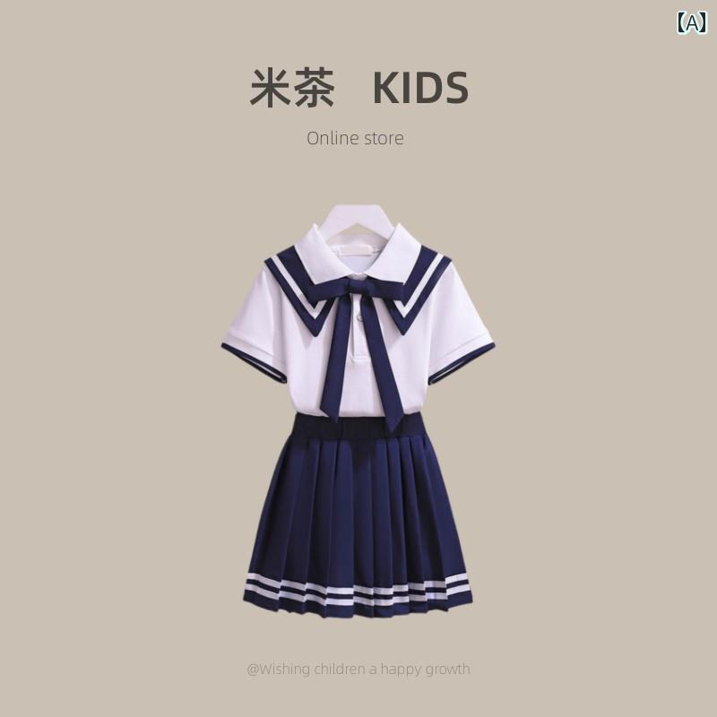 子供服 セットアップ カジュアル かわいい 女の子 韓国 jk スーツ 夏 園児 小学生 子供 スタイル ネット ネイビー カレッジ スタイル プリーツスカート 2点 セット