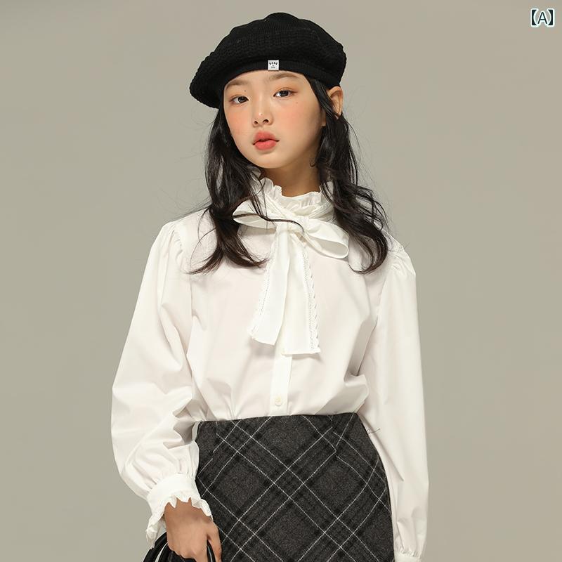 トップス シャツ 子供服 おしゃれ ナチュラル 普段着 キッズ 女の子 春秋 着脱 式 蝶 結び スタンドカラー 和菓子 シワ 防止 長袖
