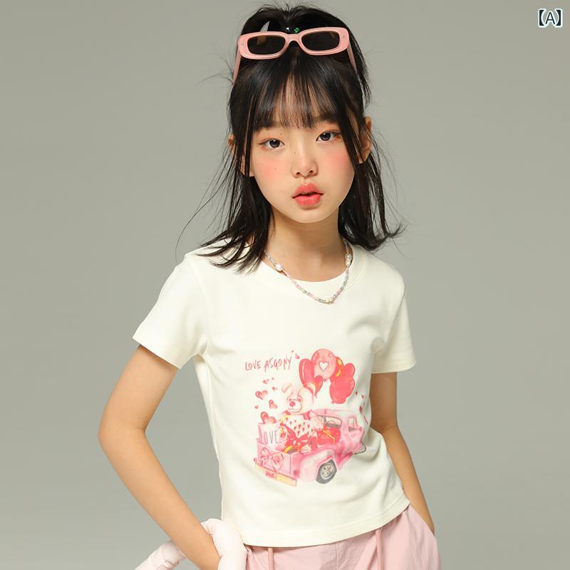 シャツ トップス Tシャツ キッズ おしゃれ ナチュラル 小さい 女の子 半袖 子供服 夏 スタイル中 大型 子供 プリント ラウンドネック スリムフィット