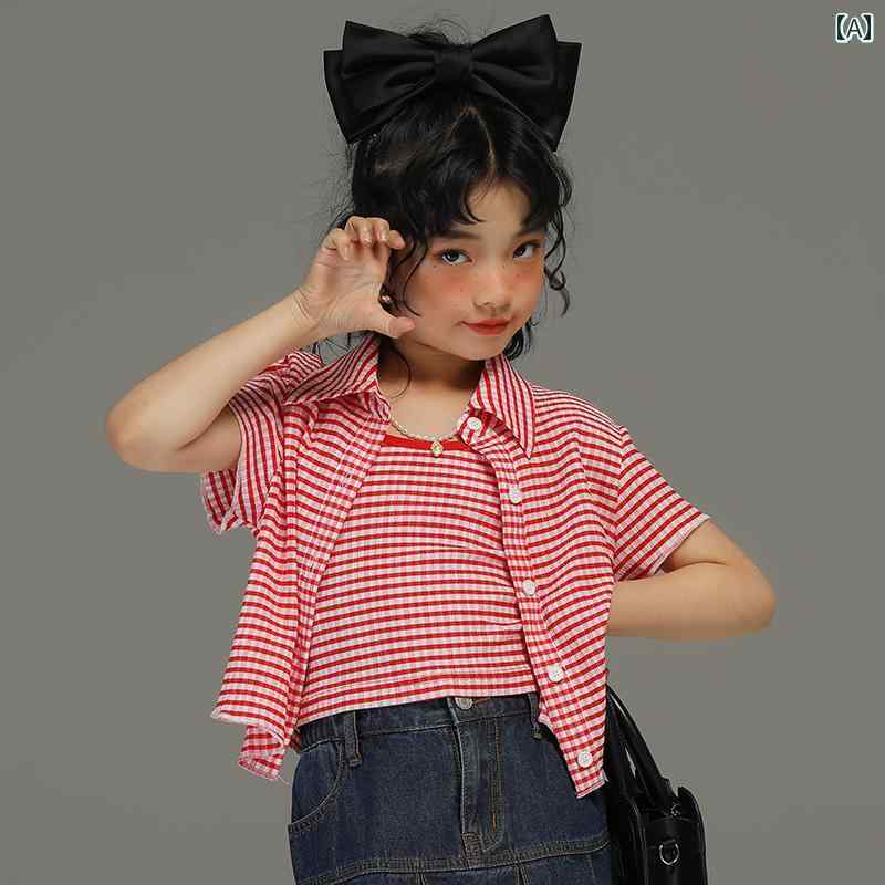 トップス ドレス シャツ 子供服 おしゃれ ナチュラル 普段着 キッズ 小さい 女の子 サマー 薄手 女の子 チェック柄 サスペンダー 子供用 ツーピース スリム ベスト
