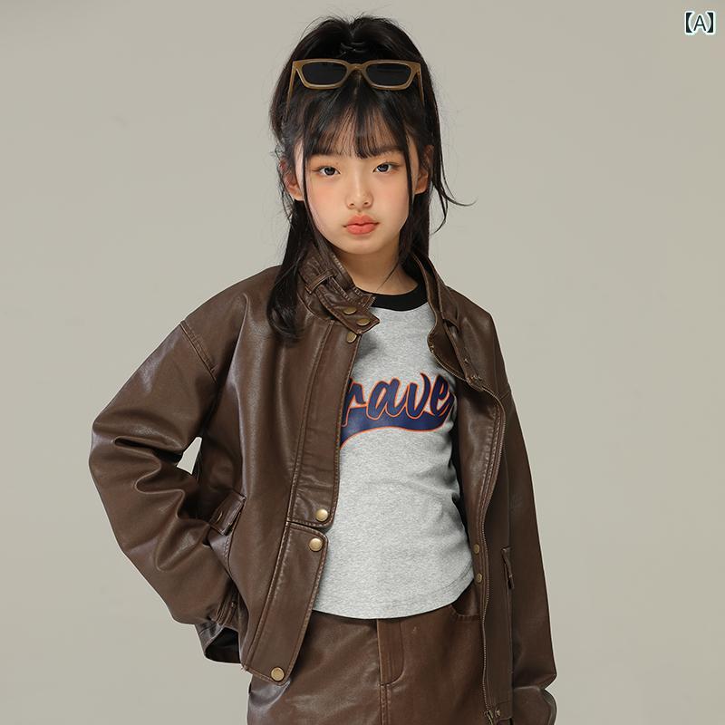 ジャケット 子供服 アウター カジュアル シンプル 普段使い キッズ 少女 秋冬 メイラード レトロ レザー 服 子供用 古風 洗浄 ショート オートバイ ジッパー｜セキュアデポ