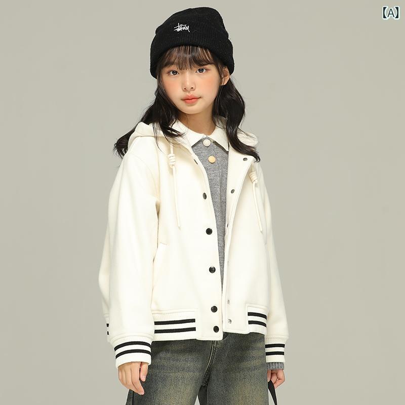 ジャケット 子供服 アウター カジュアル シンプル 普段使い キッズ 女の子 秋冬 カレッジ スタイル フード付き 野球 ユニフォーム 大きい 子供用 ウール 韓国 ショート 女性用｜セキュアデポ 10,396円