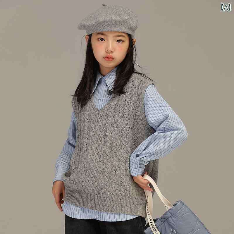 ノースリーブ ベスト 子供服 カジュアル ナチュラル 普段使い キッズ 女の子 秋冬 カレッジ グレー Vネック ツイスト ベスト 以上 お 子様 ニット ベスト 着用｜セキュアデポ