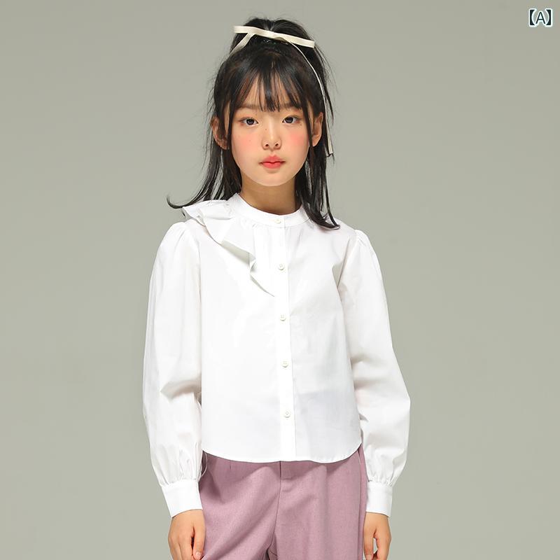 トップス ティーシャツ 小わっぱ服 格好のいい 自然的 普段着 キッズ お嬢さん 春 韓国 好いたらしい 長袖 白 座標軸輪っか 中 大 児用 キッズ・ベビー・マタニティ-キッズファッション