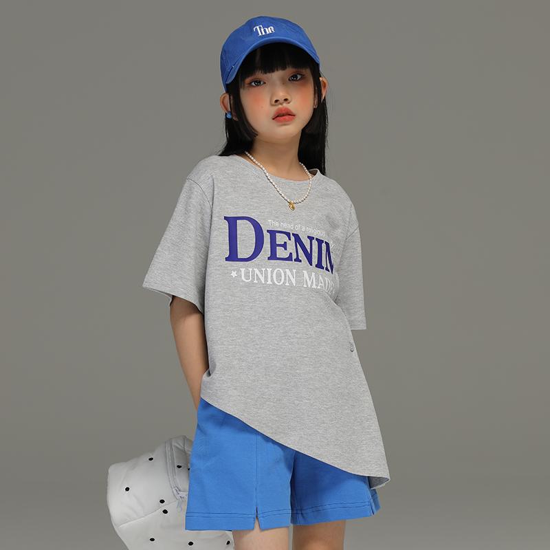 トップス 子供服 おしゃれ ナチュラル 普段着 キッズ 小さい 女の子 夏服 非対称 英語 Tシャツ 子供 薄手 グレー