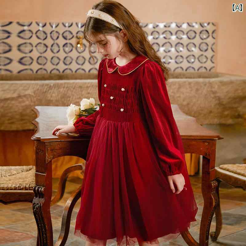 ドレス スカート キッズ ワンピース おしゃれ かわいい 女の子 子供服 赤い ゴールド メッシュ 冬 ベルベット