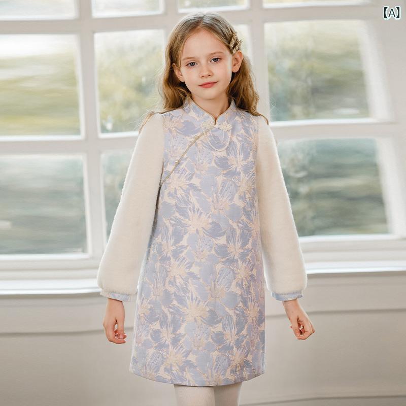 ドレス キッズ ワンピース おしゃれ かわいい 女の子 子供服 中華風 チャイニーズ スタイル ベルベット 秋冬 ゴールド ベルベット 子供 花柄 チャイナ