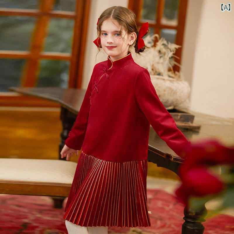 ドレス キッズ ワンピース おしゃれ かわいい 女の子 子供服 中華風 チャイニーズ スタイル 赤い チャイナ 冬 子供 挨拶|セキュアデポ