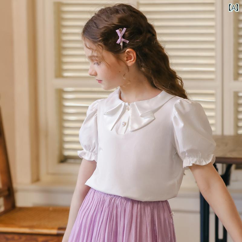 トップス シャツ 子供服 ナチュラル カントリー風 女の子 キッズ 春秋 ボウ カラー 長袖 Tシャツ 白 フレンチ インナー