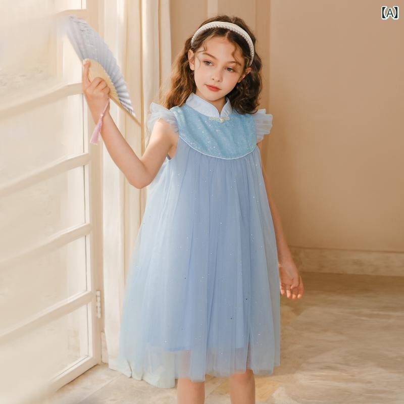 ドレス スカート キッズ ワンピース おしゃれ かわいい 女の子 子供服 中華風 チャイニーズ スタイル 小さい 飛行 袖 夏 メッシュ 子供 チャイナ|セキュアデポ