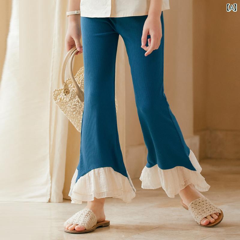 パンツ カジュアル 快適 動きやすい 子供服 キッズ ワイド レッグ レース ピット ストリップ かわいい エッジ 弾性 ベルボトムパンツ 夏
