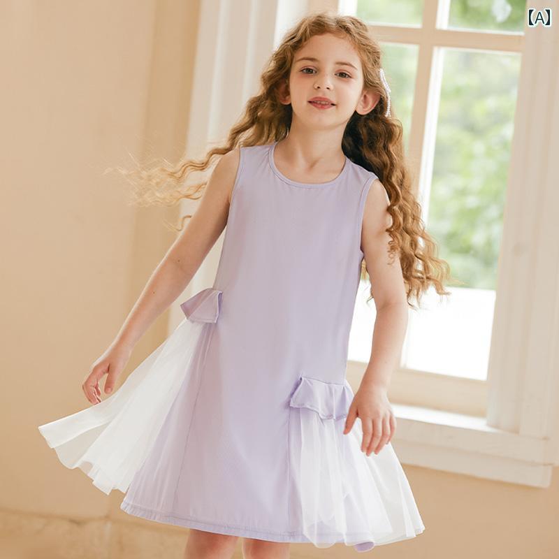 ドレス スカート キッズ ワンピース おしゃれ かわいい 女の子 子供服 夏 スプライシング メッシュ 子供 弾性 薄手 ベスト