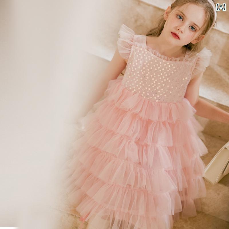 御召しもの キッズ 衣裳 今めかしい 愛くるしい お嬢さん ちびっ子服 貯蔵タンクとっ始め 夏 スパンコール メッシュ フライング 衣袂 ぴかぴか光る輪っか ノースリーブ 姫御前 ガールズ