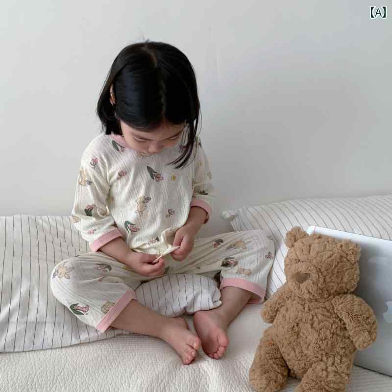 パンツ キッズ パジャマ ルームウェア 夏 男の子 女の子 子供用 クラス A 綿 ホーム 服 セット イン ベビー ミッド スリーブ ミッド 快適 服