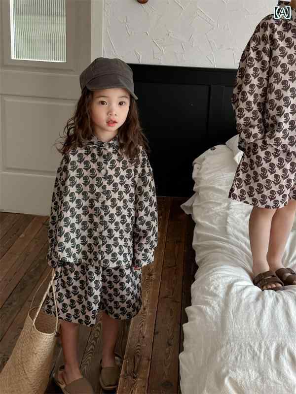 シャツ パンツ 子供服 春夏 男の子 女の子 子供用 スーツ 長袖 日焼け防止 服 ショート 2点 セット ベビー レトロ 兄妹 衣装