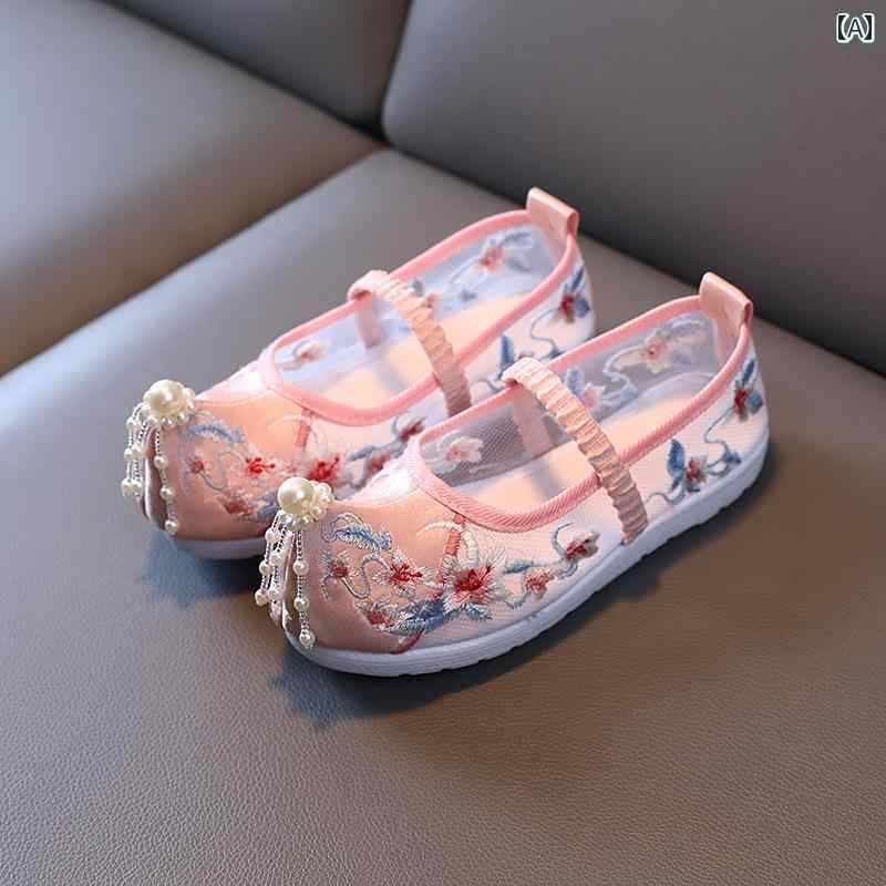 シューズ 靴 子供靴 かわいい メリージェーン 歩きやすい キッズ 春秋 子供用 刺繍 女の子用 漢服 通気性 メッシュ 中国 式 パフォーマンス 古風 布靴 プリンセス