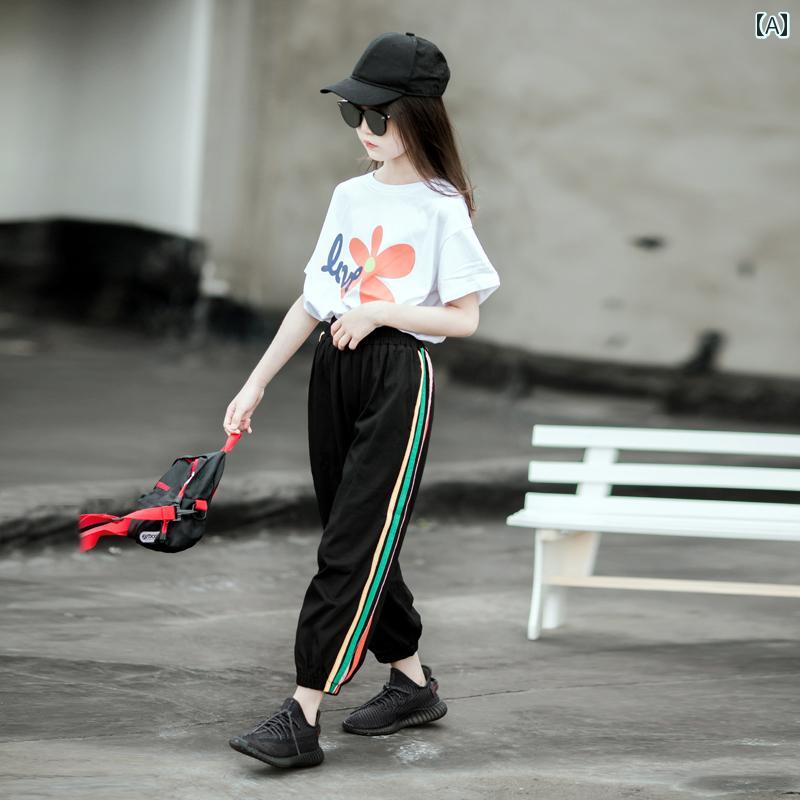キッズ ファッション ガールズ 夏 スポーツ スーツ 中型 大型 子供用 風 子供用 半袖 Tシャツ ズボン 2点 セット 薄手