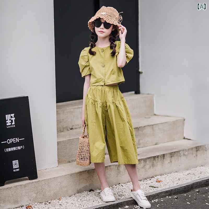 トップス パンツ 女の子 夏用 ガールズ スーツ 大きい 子供用 おしゃれ 女児 服 半袖 子供用 カジュアル 七分 2点 セット