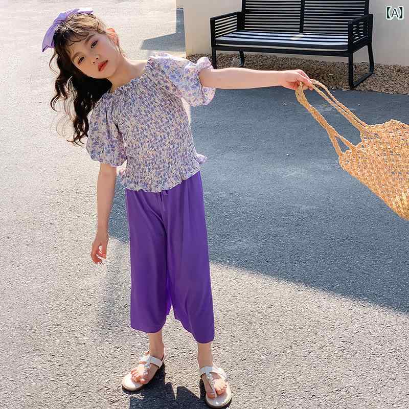シャツ パンツ 女の子 ガールズ スーツ 夏服新 中 大型 子供 花柄 九分丈 ワイド レッグ ガールズ 2枚