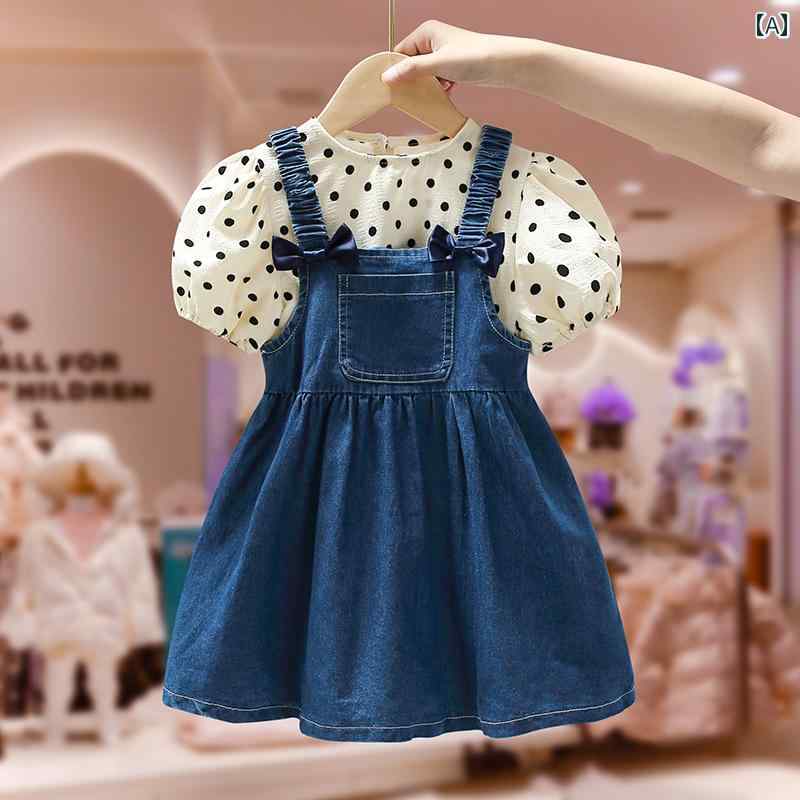 ドレス キッズ ウェア ガールズ 夏服 子供服 デニム サスペンダー 洋風 スーツ プリンセス ツーピース 薄型 セット