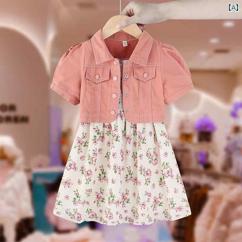 ドレス キッズ ウェア ガールズ デニムジャケット 花柄 夏服 子供服 小さい ガールズ カジュアル 2点 セット