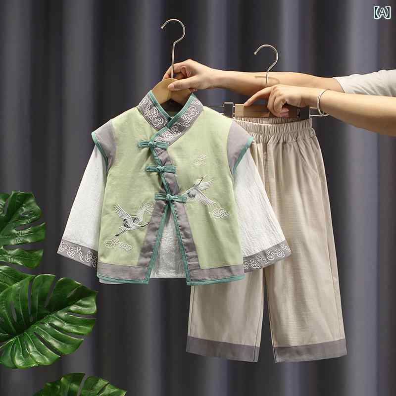韓服 子供 秋服 セット レトロ 秋 ベビー レトロ 中国 学校 子供服 中華風 男の子 唐 スーツ 3 点 セット