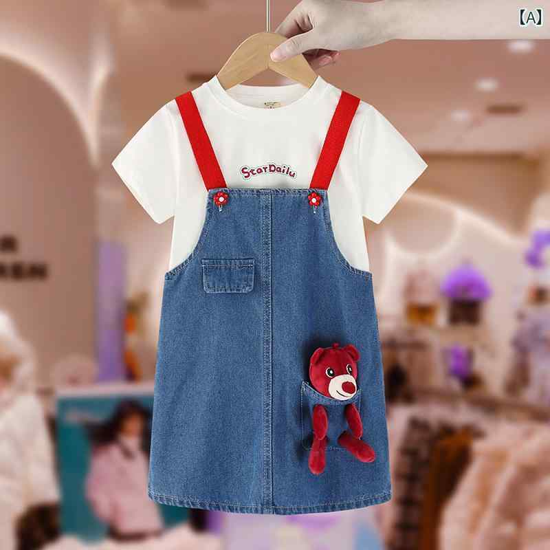 スカート キッズ ウェア ガールズ スーツ 夏 子供服 デニム サスペンダー 夏服 半袖 ウサギ ツーピース 薄型 セット