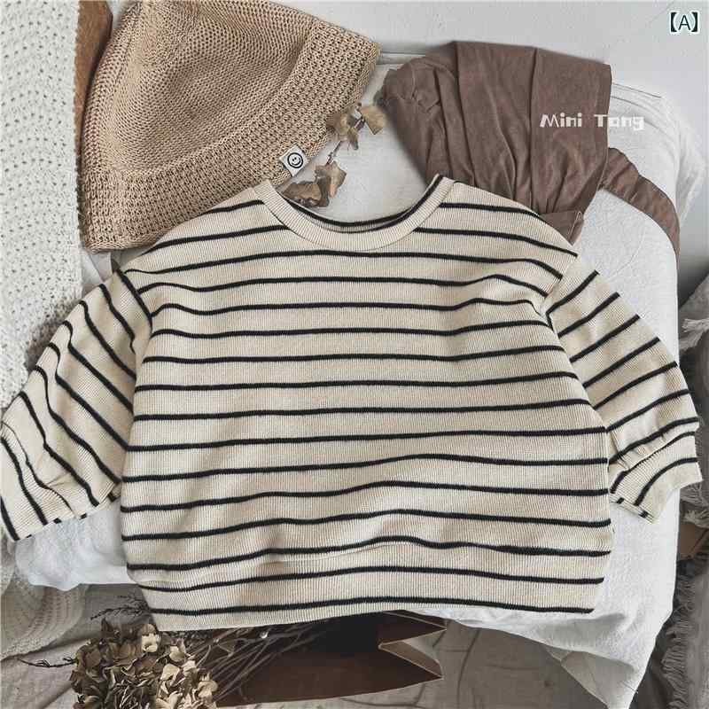 シャツ 子供服 韓国 子供用 起毛 ストライプ 長袖 Tシャツ ユニセックス メンズ レディース スウェットシャツ 春秋