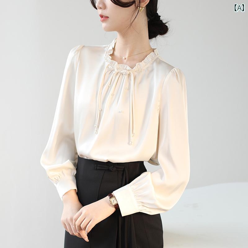 シャツ トップス レディース ブラウス おしゃれ レトロ ボタン パール 装飾 女性 初春 中国 かわいい エッジ サテン｜セキュアデポ