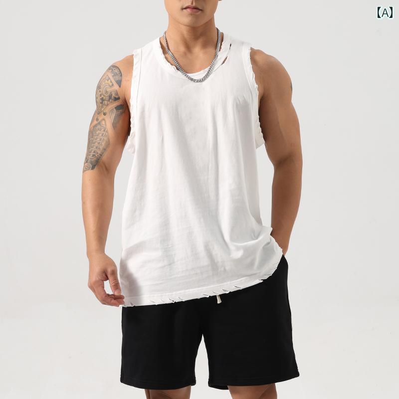 ノースリーブ メンズ マッスル 夏 フィットネス ベスト トレーニング ホール ロッキング アイアン スポーツ ノースリーブ Tシャツ ファッション バトルダメージ