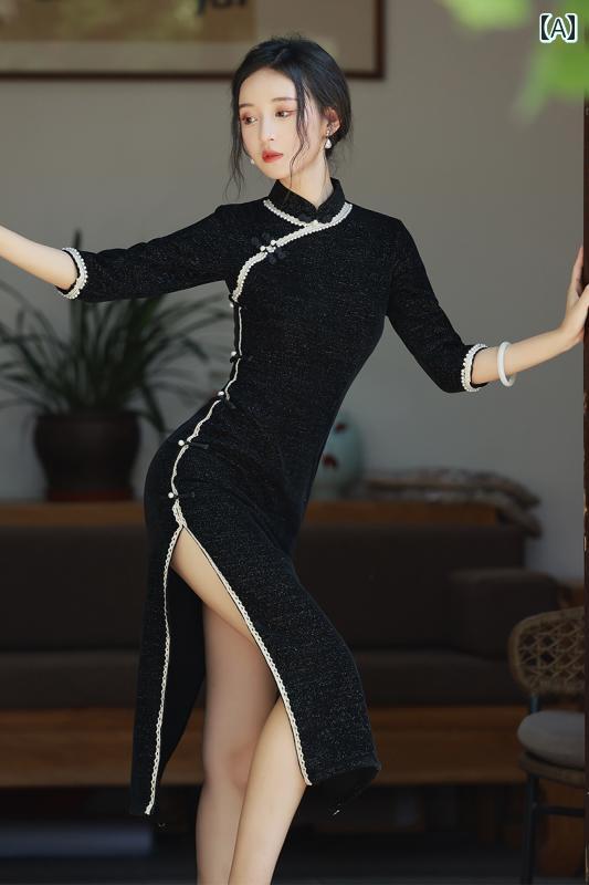 ドレス 民族衣装 コスチューム レディース 美しい 秋 チャイナ ガールズ 上品 洗練 普段使い 日常着 黒 長袖 レトロ 冬
