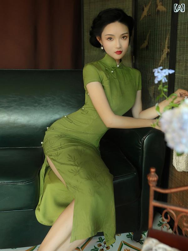 お召しもの 瀬戸もの 格好のいい コスプレ 活動写真映画化 民族お召しもの レディース 緑であること レトロ 御嬢さん 雅びやか 大時代 中華風 ロング 秋 ドレス-レディースファッション