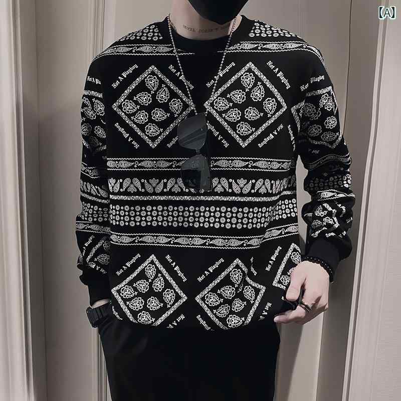 シャツ メンズ プリントスウェット 秋 韓国 ジャカード フード レス ハイエンド カシュー フラワー 長袖 Tシャツ