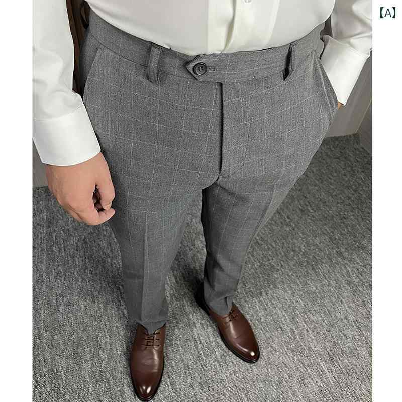 パンツ スラックス メンズ 新 チェック柄 スモール ストレート ミディアム グレー ビジネス スリムフィット 韓国 落下 フォーマルスーツ