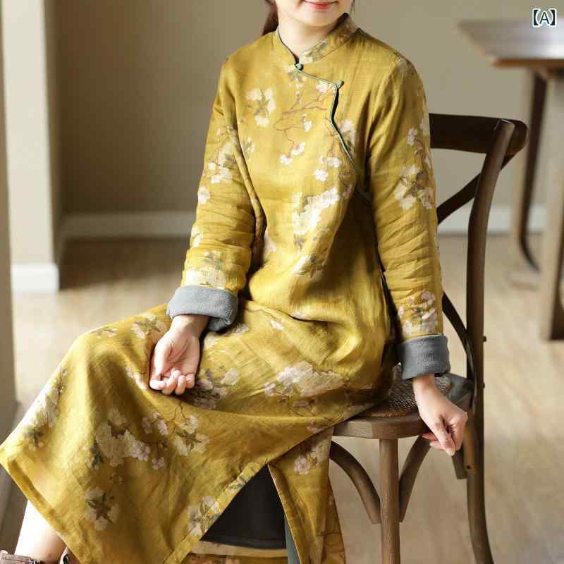 レディース チャイニーズ スタイル ワンピース おしゃれ 上品 婦人服 レトロ エスニック 綿 リネン 秋冬 女性 ベルベット 厚手 ドレス 中華風 プリント チャイナ スカート