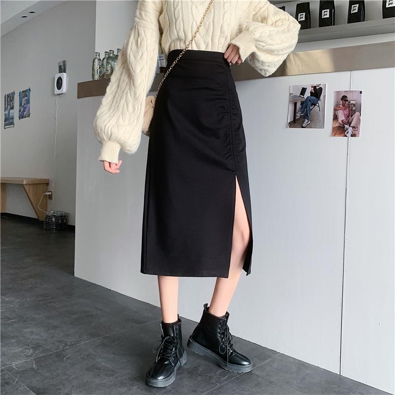 スカート レディース 秋 冬 ぽっちゃり ガールズ スリット ミドル丈 aライン 着痩せ ワン ステップ ヒップ 厚手