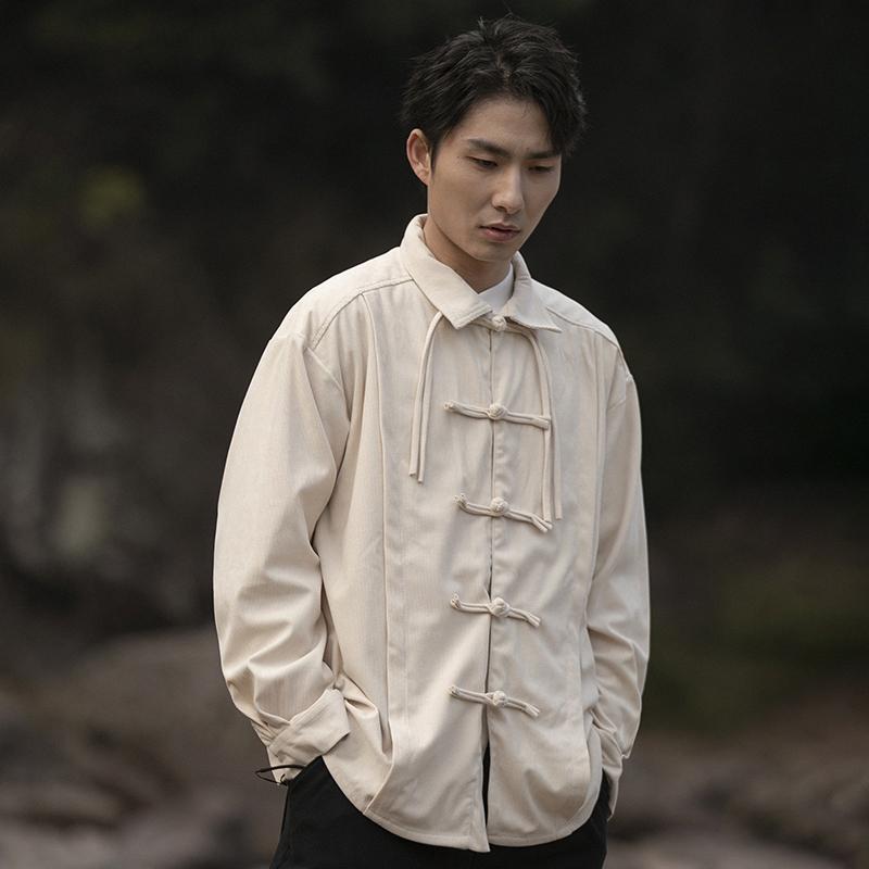 プルオーバー トップス 上衣 メンズ レトロ チャイニーズ 表現スタイル かっこいい 唐装 一皿 名取り草 長袖 無地 アウターシャツ