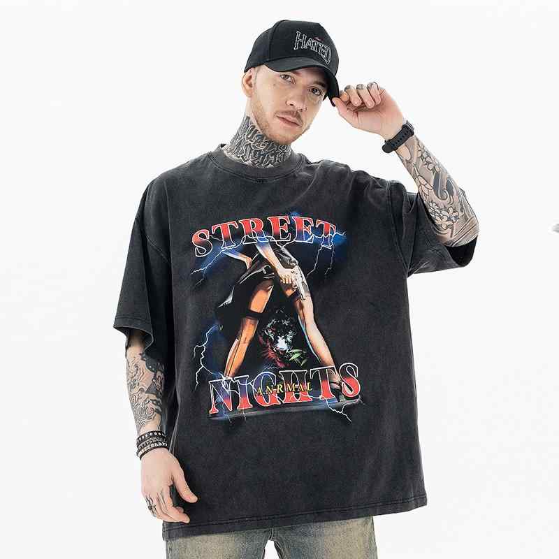 Tシャツ メンズ カジュアル おしゃれ シャツ オーバーサイズ ゆったり 半袖 ヒップホップ HIPHOP 英字プリント ウォッシュド 厚手 半袖 夏