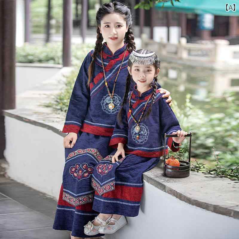 ドレス 母娘 リンクコーデ 子供服 かわいい 男の子 民族 衣装 コスプレ 写真撮影 少数 民族 親子 衣装 秋 ダイ 族 ミャオ 族 中華風 レトロ 母 娘
