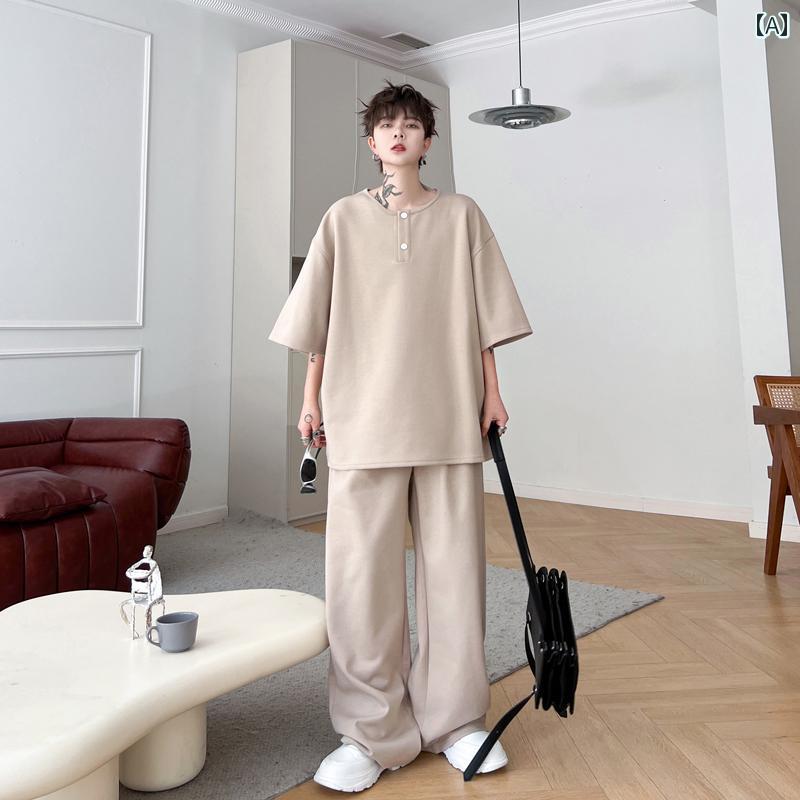 メンズ セットアップ 夏 メンズ 装飾 半袖 Tシャツ 上下セット ロングパンツ シンプル ワイドレッグパンツ 2点セット