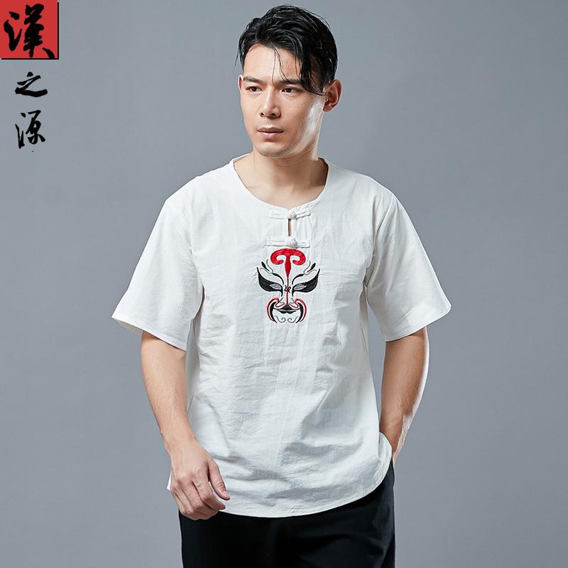 チャイナ風 メンズ 半袖 Tシャツ 綿 リネン 夏 刺繍 フェイシャル メイク メンズ 中国 レトロ カジュアル ラウンドネック Tシャツ 薄手